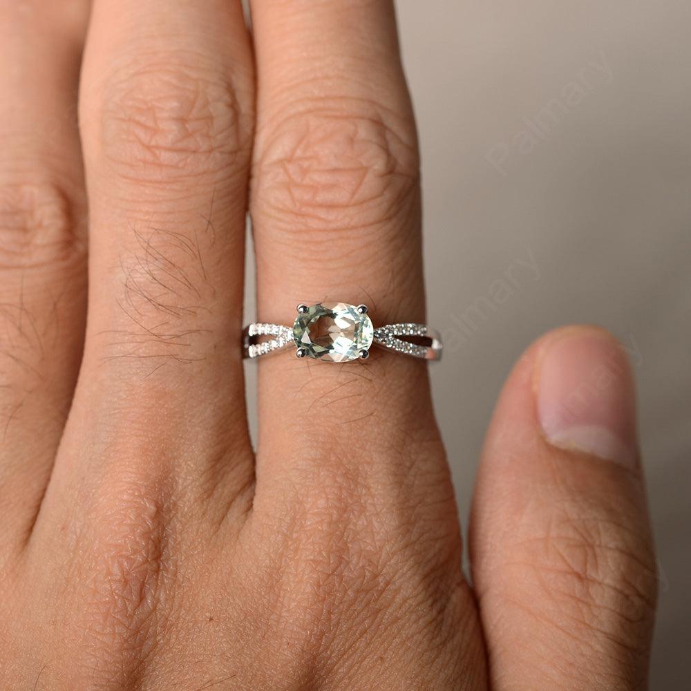 East West Oval Green Amethyst Split Shank Ring - Palmary