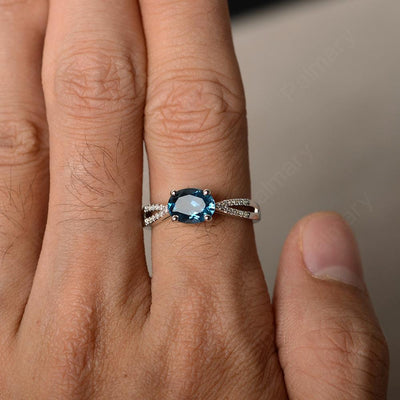 East West Oval London Blue Topaz Split Shank Ring - Palmary