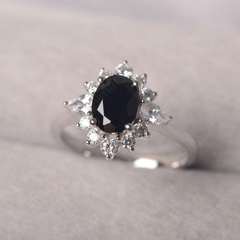 Oval Cut Black Spinel Halo Ring Sterling Silver - Palmary