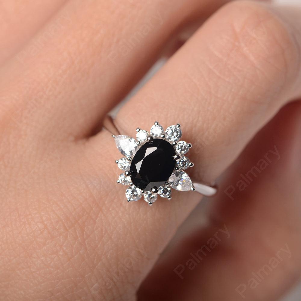 Oval Cut Black Spinel Halo Ring Sterling Silver - Palmary