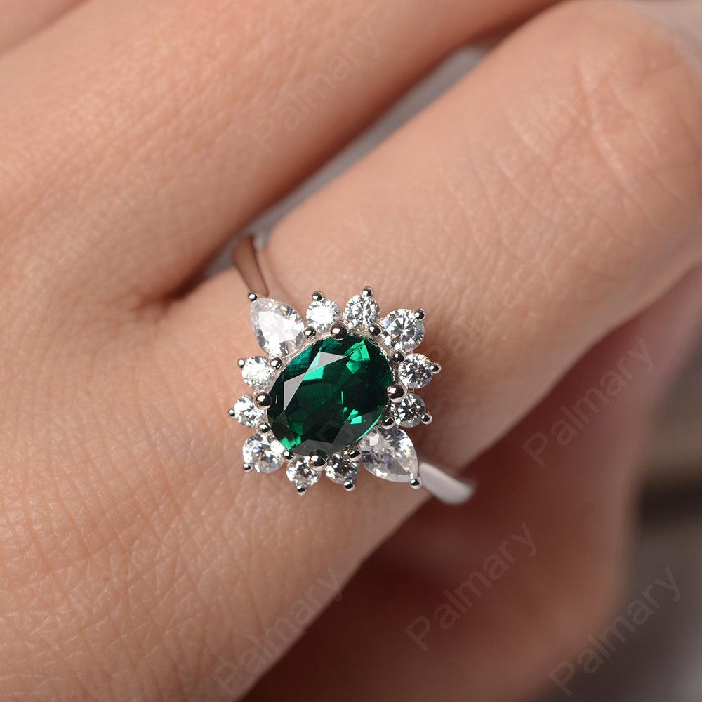 Oval Cut Emerald Halo Ring Sterling Silver - Palmary