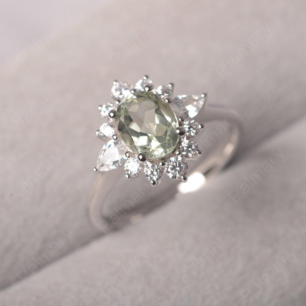 Oval Cut Green Amethyst Halo Ring Sterling Silver - Palmary