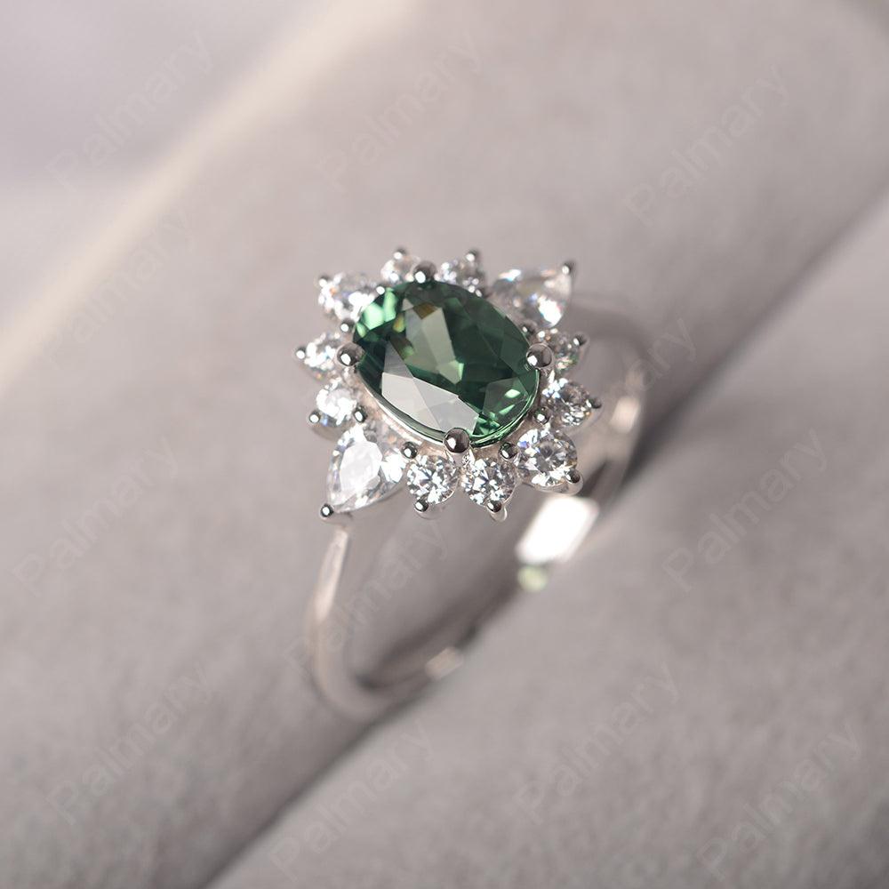 Oval Cut Green Sapphire Halo Ring Sterling Silver - Palmary