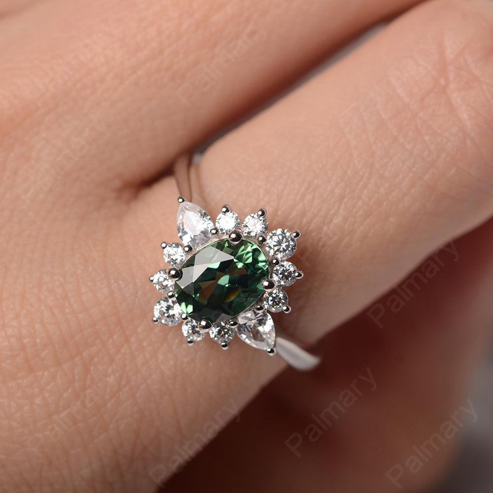 Oval Cut Green Sapphire Halo Ring Sterling Silver - Palmary