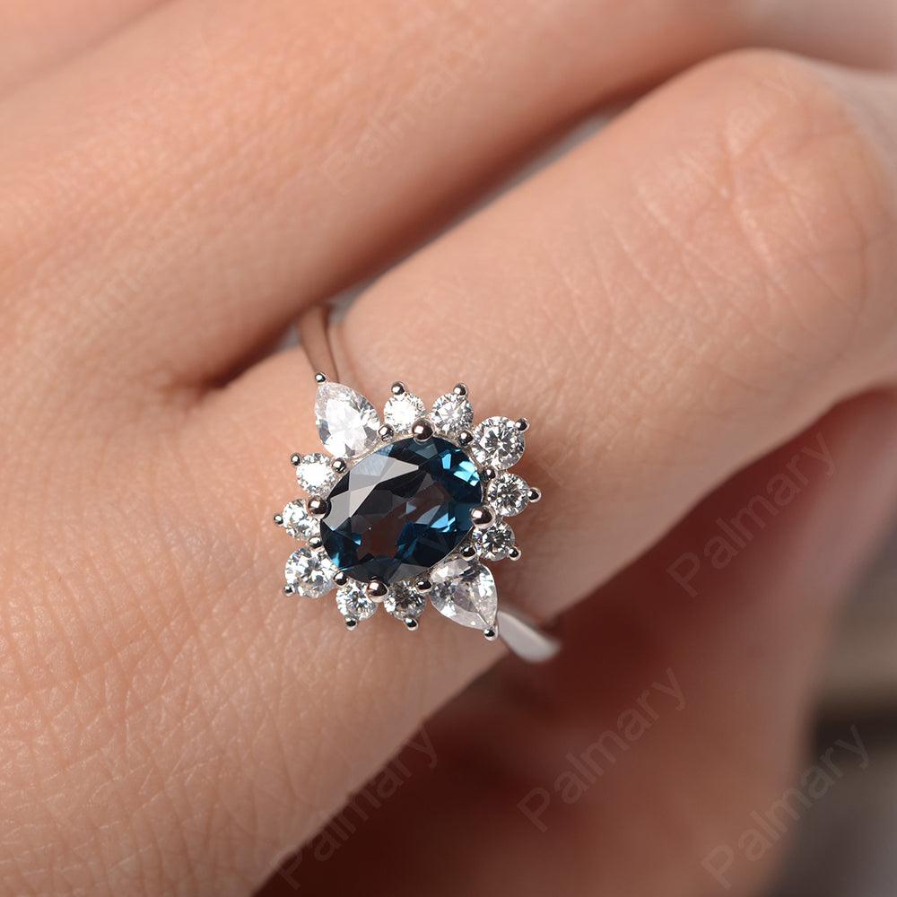 Oval Cut London Blue Topaz Halo Ring Sterling Silver - Palmary