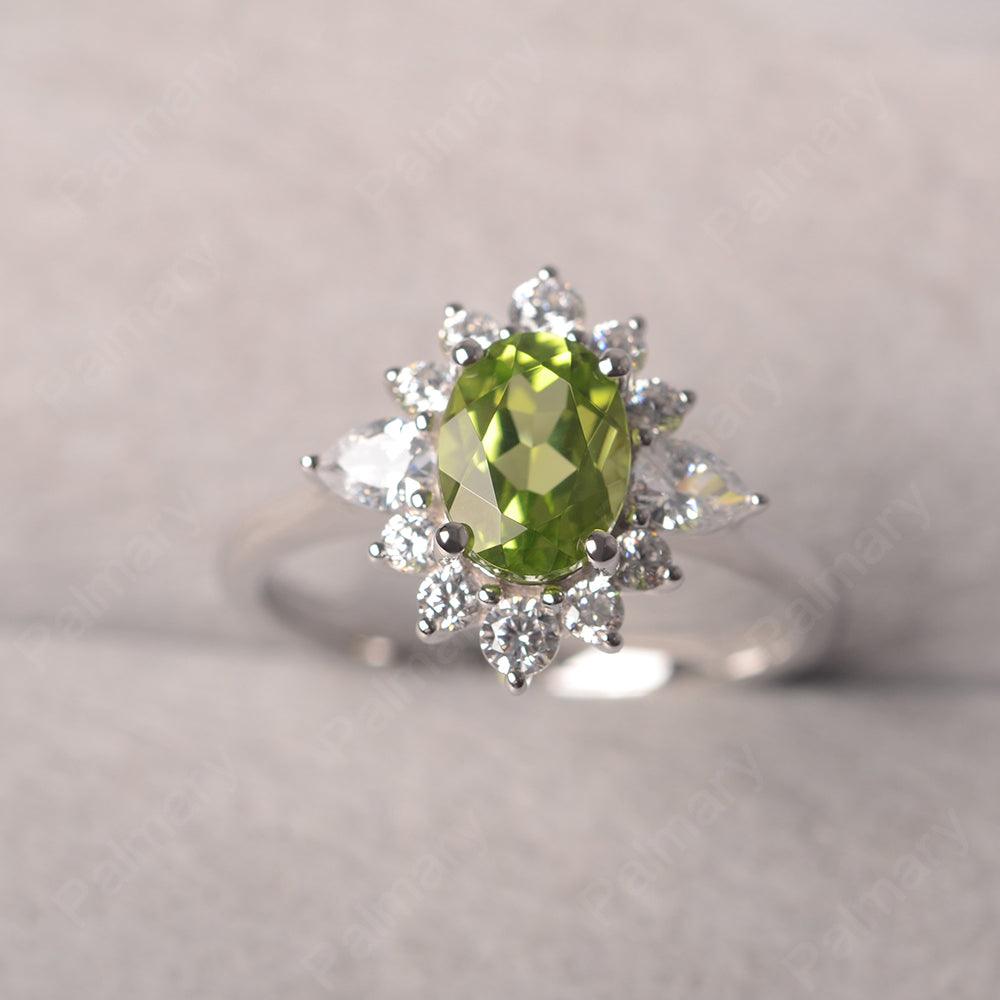 Oval Cut Peridot Halo Ring Sterling Silver - Palmary