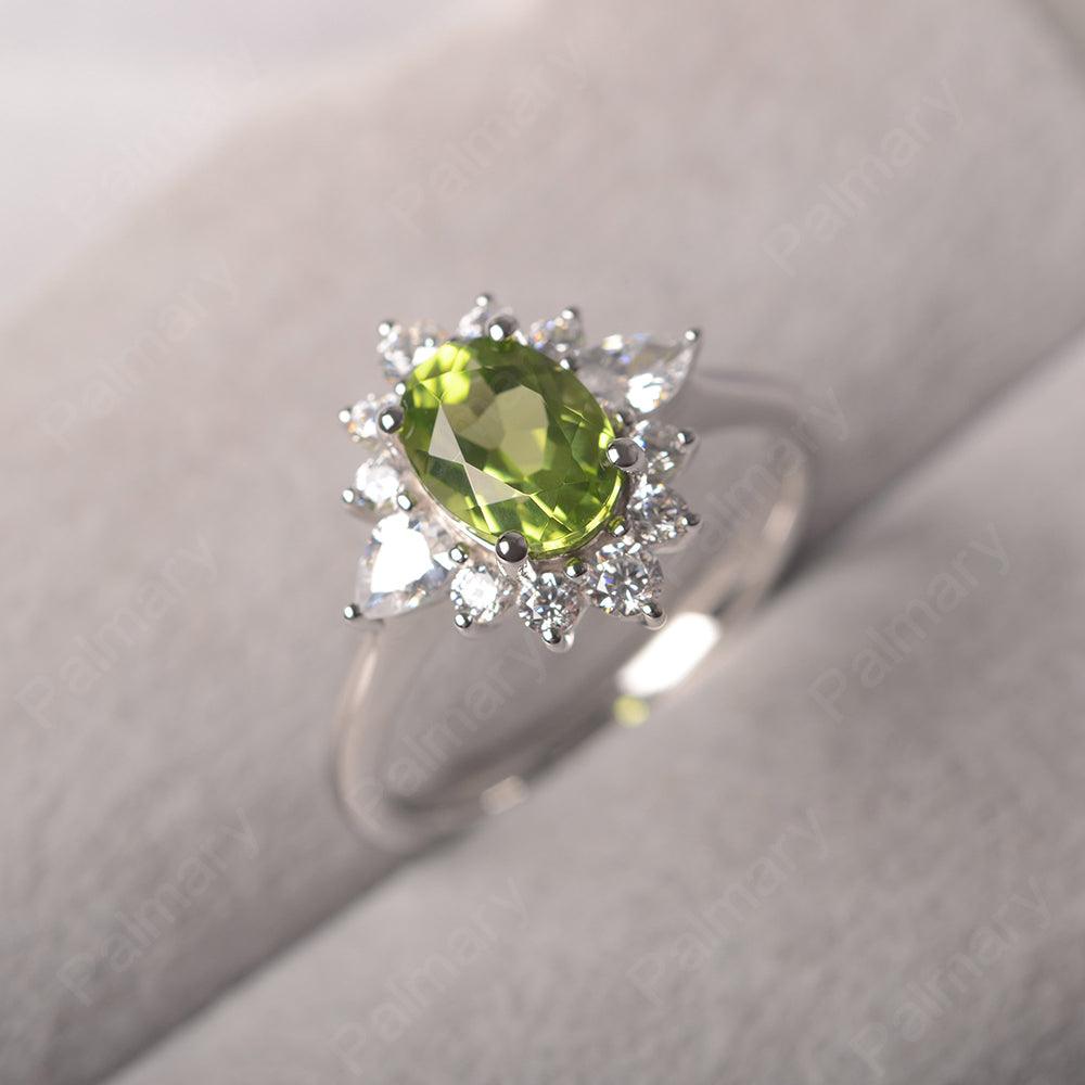 Oval Cut Peridot Halo Ring Sterling Silver - Palmary