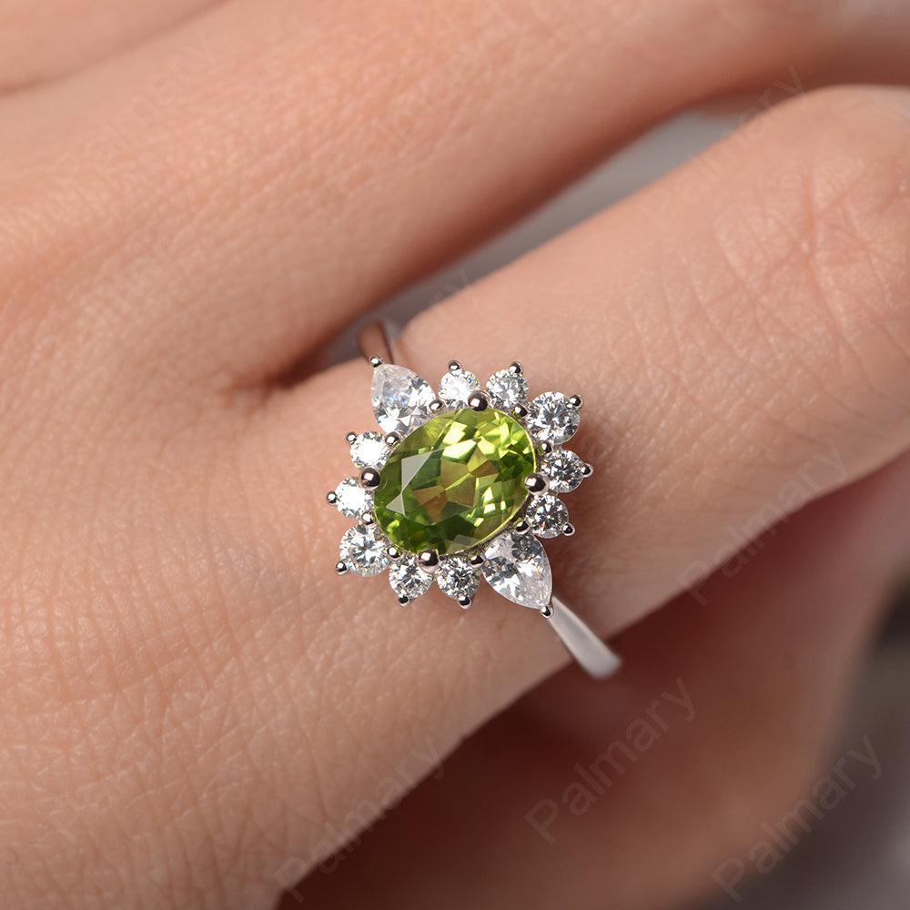Oval Cut Peridot Halo Ring Sterling Silver - Palmary