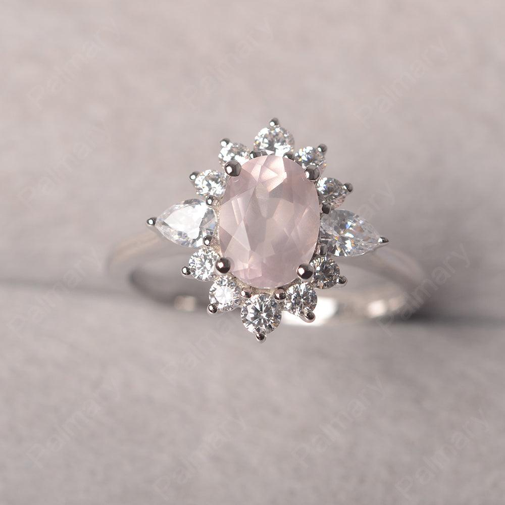 Oval Cut Rose Quartz Halo Ring Sterling Silver - Palmary