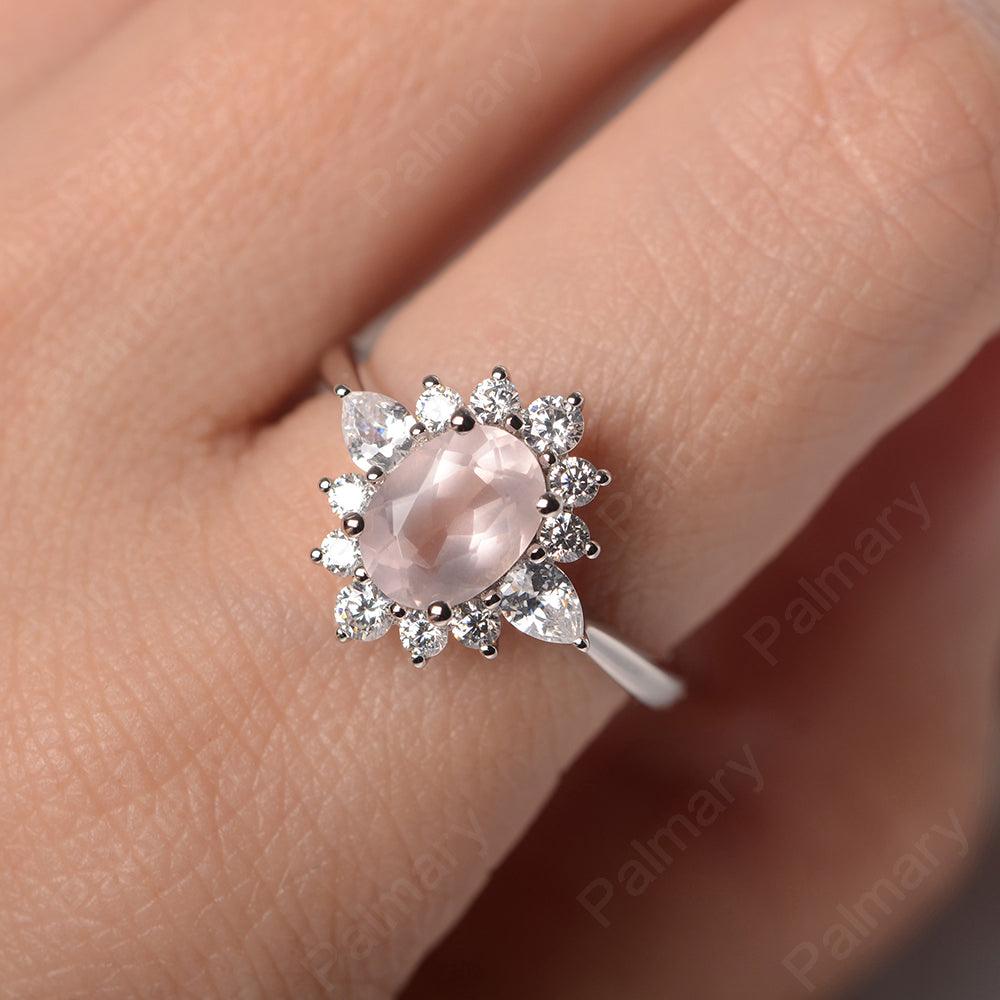 Oval Cut Rose Quartz Halo Ring Sterling Silver - Palmary