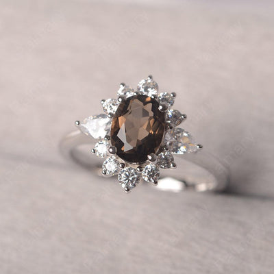 Oval Cut Smoky Quartz  Halo Ring Sterling Silver - Palmary