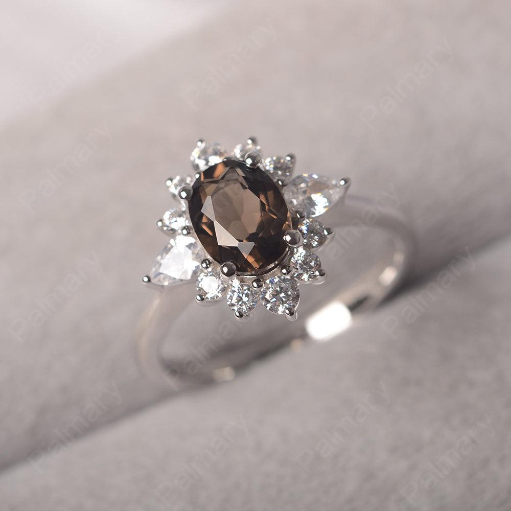 Oval Cut Smoky Quartz  Halo Ring Sterling Silver - Palmary
