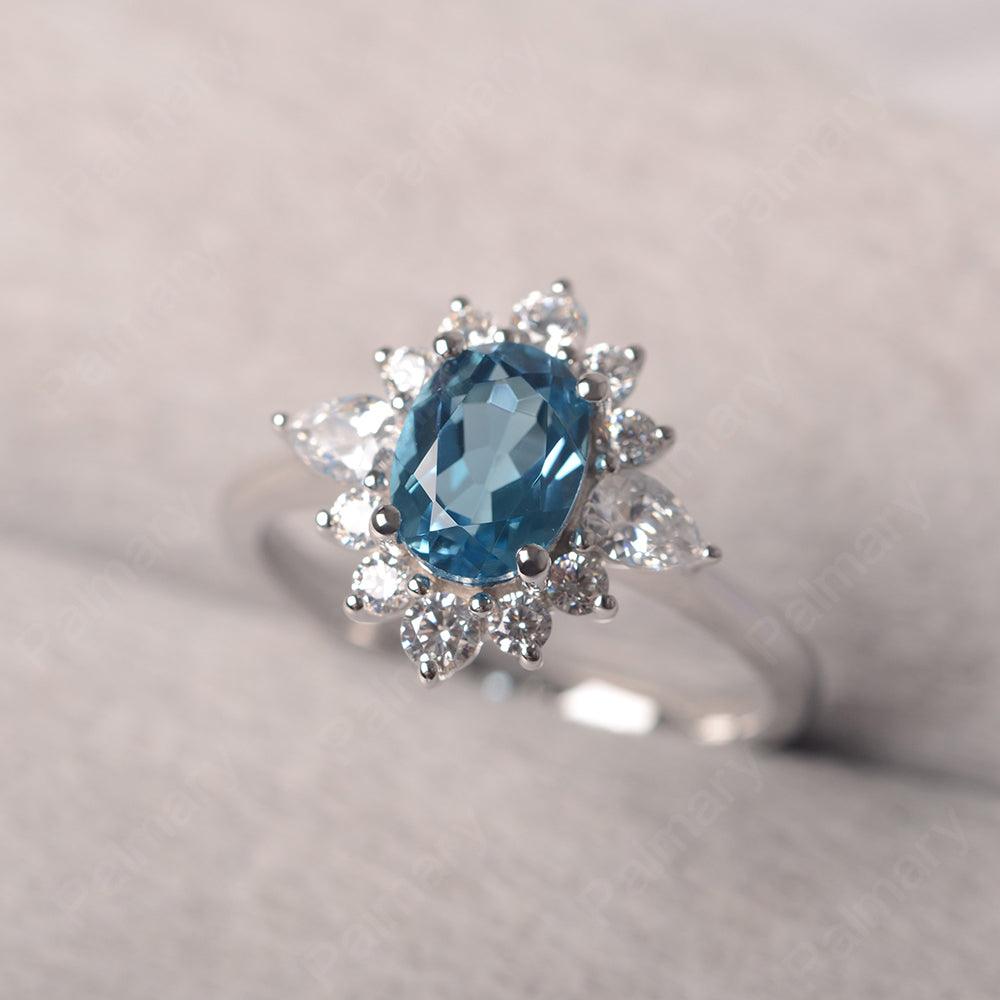 Oval Cut Swiss Blue Topaz Halo Ring Sterling Silver - Palmary