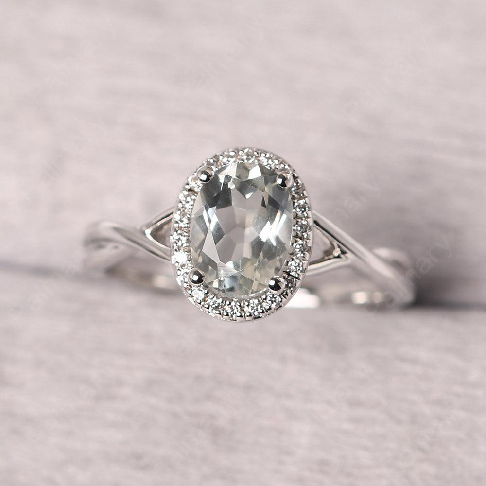 Oval Shaped Green Amethyst Halo Engagement Ring - Palmary