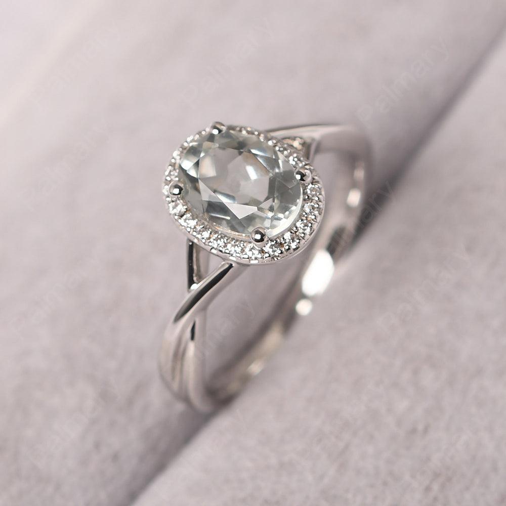 Oval Shaped Green Amethyst Halo Engagement Ring - Palmary