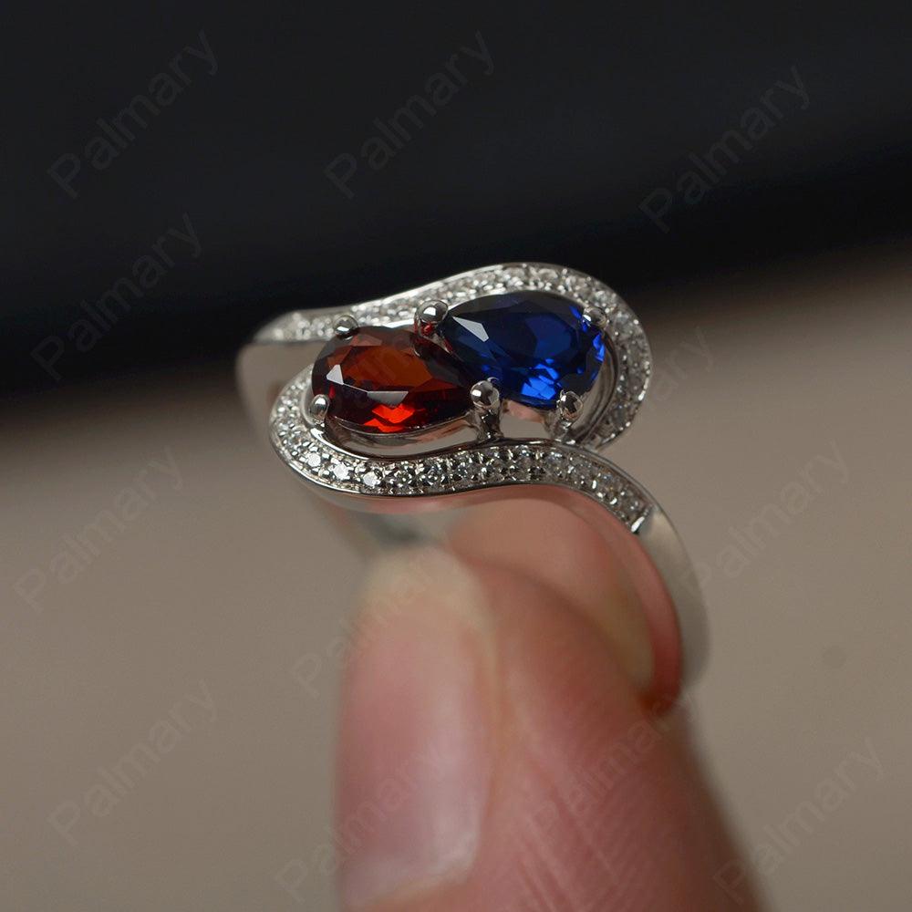 Two Stone Garnet And Sapphire Pear Shaped Rings - Palmary