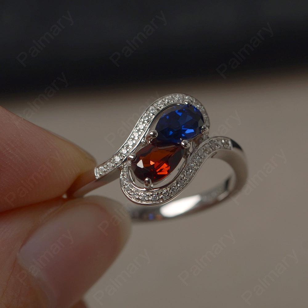 Two Stone Garnet And Sapphire Pear Shaped Rings - Palmary