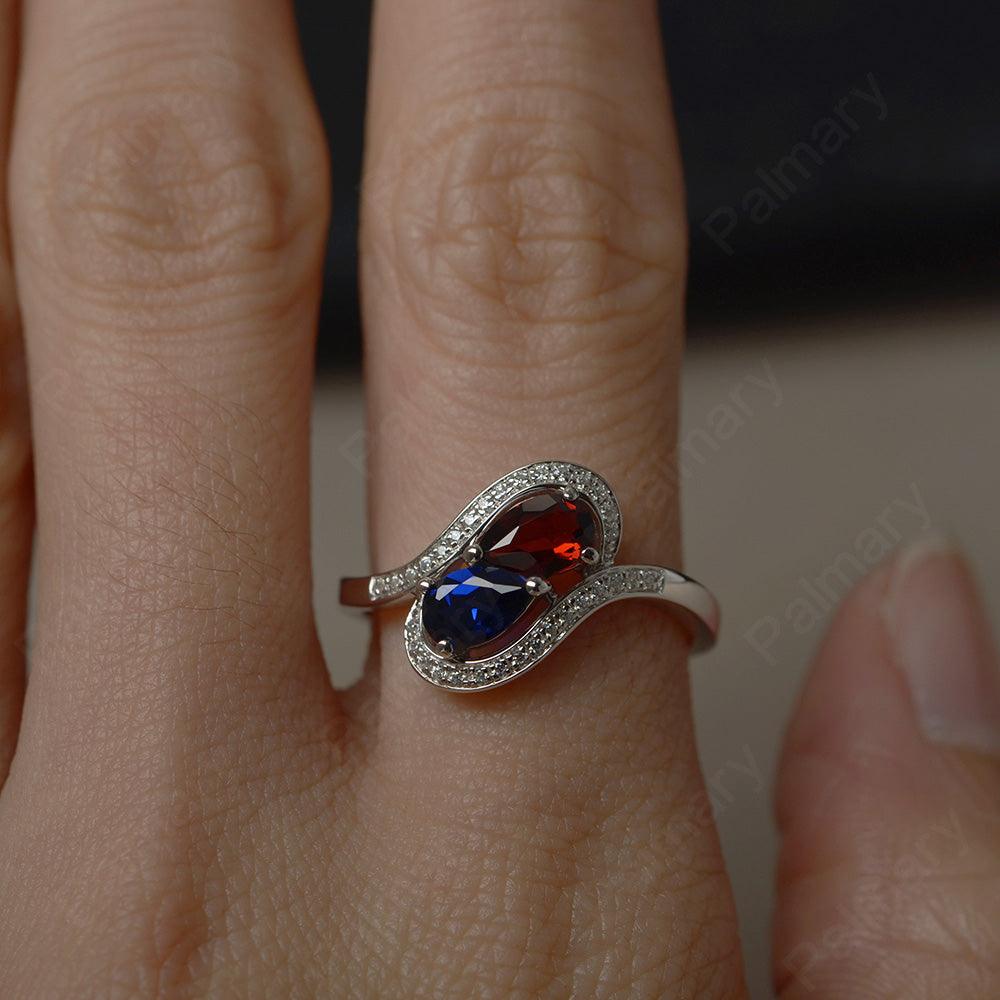 Two Stone Garnet And Sapphire Pear Shaped Rings - Palmary