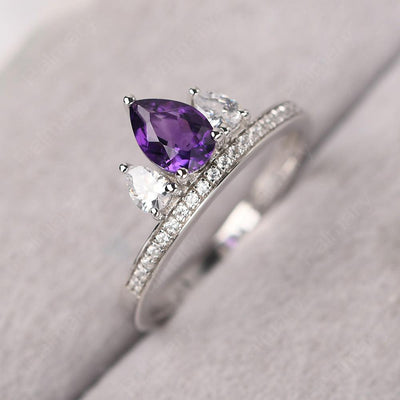 Three Stone Pear Shaped Amethyst Crown Ring - Palmary