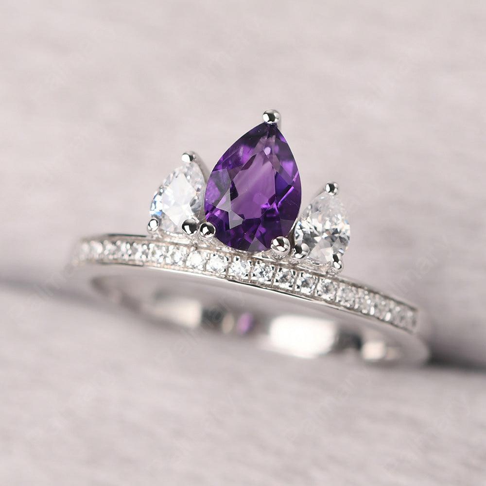 Three Stone Pear Shaped Amethyst Crown Ring - Palmary