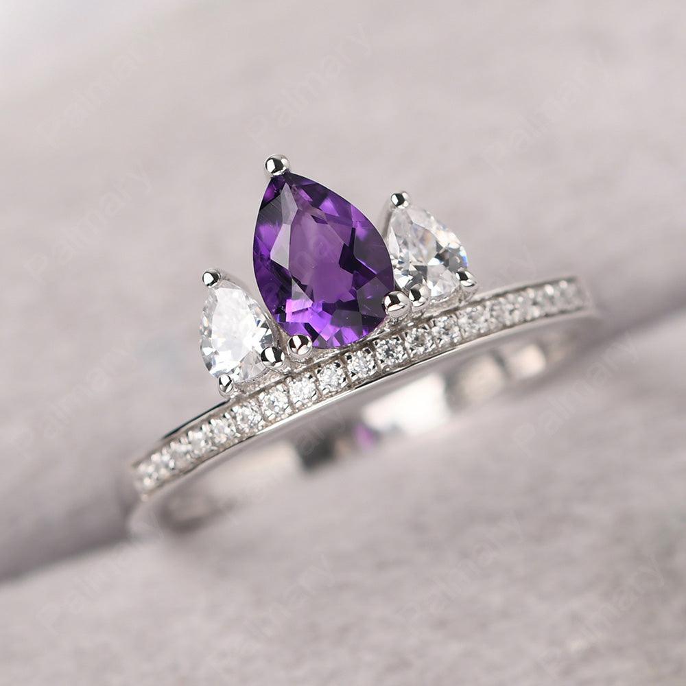 Three Stone Pear Shaped Amethyst Crown Ring - Palmary