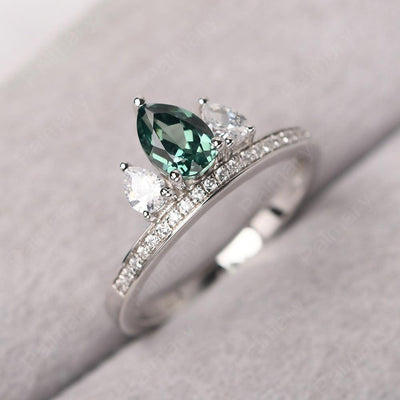 Three Stone Pear Shaped Green Sapphire Crown Ring - Palmary