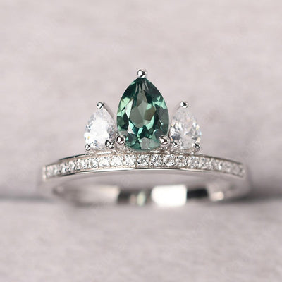 Three Stone Pear Shaped Green Sapphire Crown Ring - Palmary