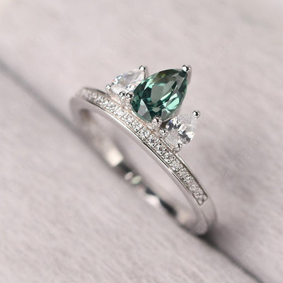 Three Stone Pear Shaped Green Sapphire Crown Ring - Palmary