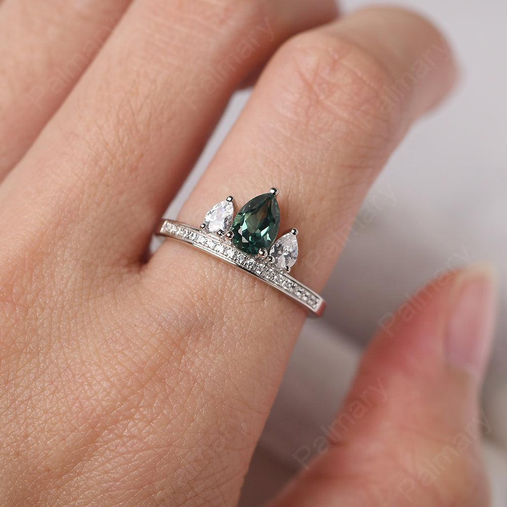 Three Stone Pear Shaped Green Sapphire Crown Ring - Palmary