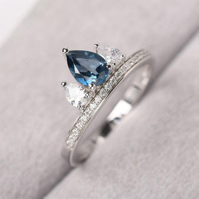 Three Stone Pear Shaped London Blue Topaz Crown Ring - Palmary