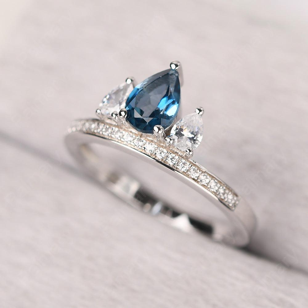 Three Stone Pear Shaped London Blue Topaz Crown Ring - Palmary