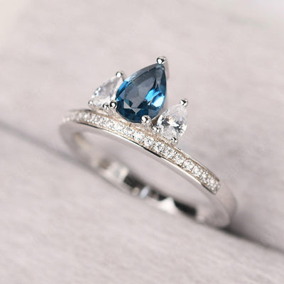 Three Stone Pear Shaped London Blue Topaz Crown Ring - Palmary