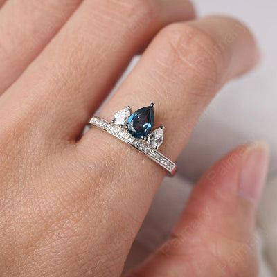 Three Stone Pear Shaped London Blue Topaz Crown Ring - Palmary