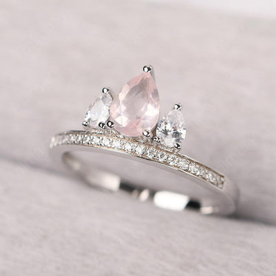 Three Stone Pear Shaped Rose Quartz Crown Ring - Palmary