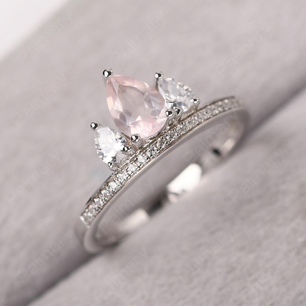 Three Stone Pear Shaped Rose Quartz Crown Ring - Palmary