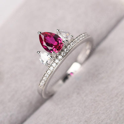 Three Stone Pear Shaped Ruby Crown Ring - Palmary