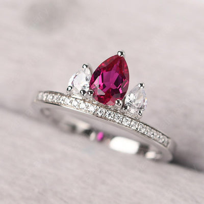 Three Stone Pear Shaped Ruby Crown Ring - Palmary