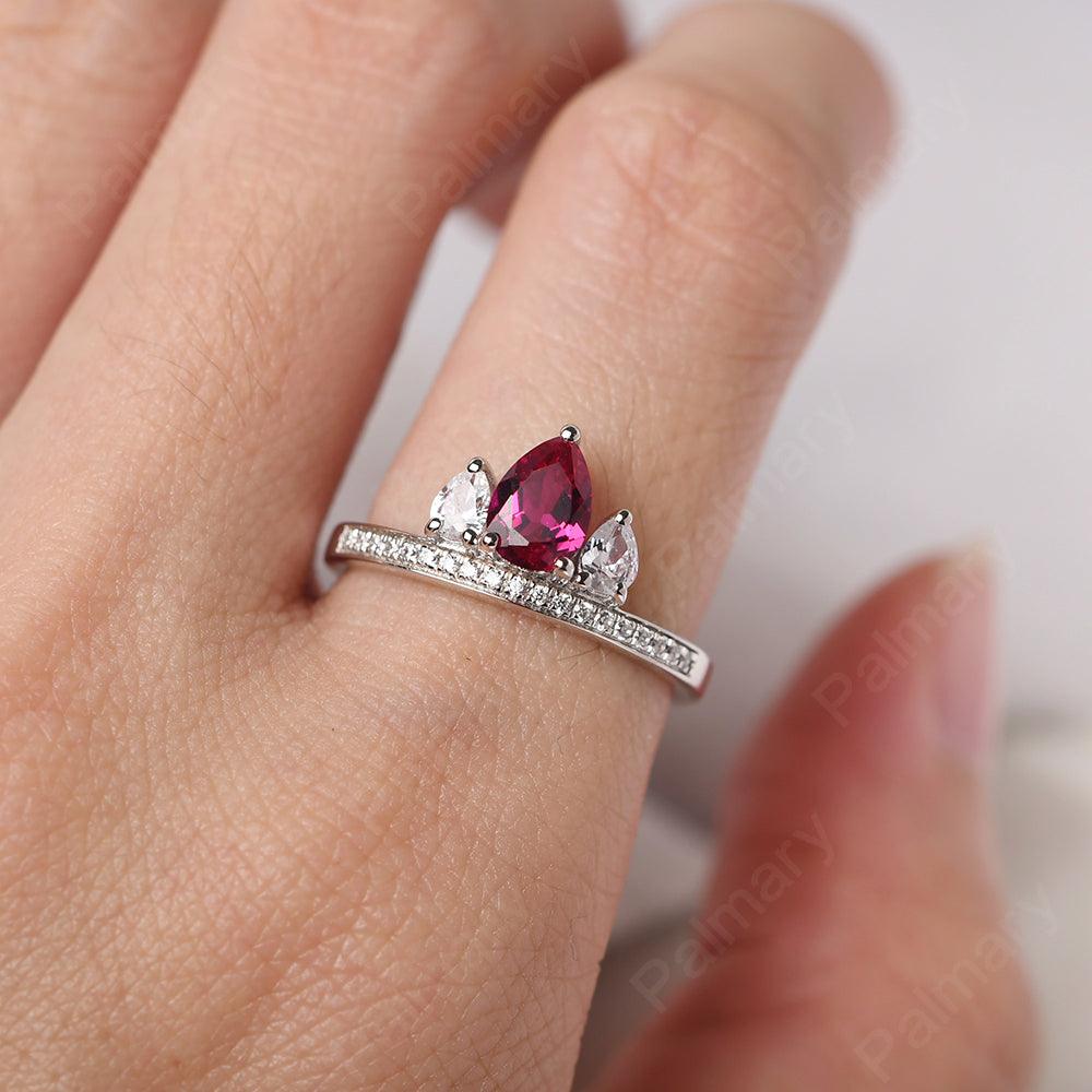 Three Stone Pear Shaped Ruby Crown Ring - Palmary