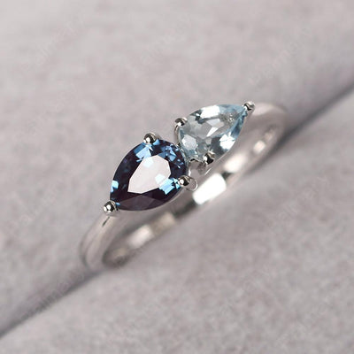 East West Pear Shaped Alexandrite And Aquamarine Two Stone Ring - Palmary