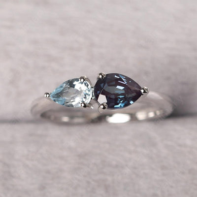 East West Pear Shaped Alexandrite And Aquamarine Two Stone Ring - Palmary