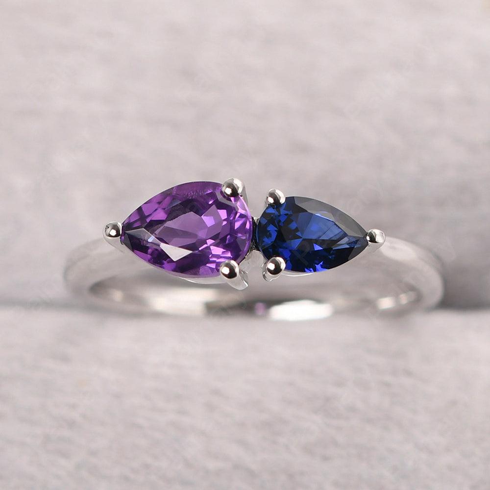 East West Pear Shaped Amethyst And Sapphire Two Stone Ring - Palmary