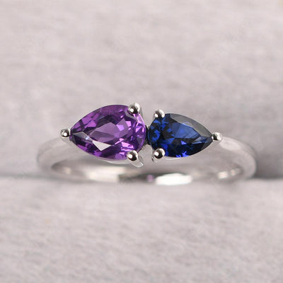 East West Pear Shaped Amethyst And Sapphire Two Stone Ring - Palmary