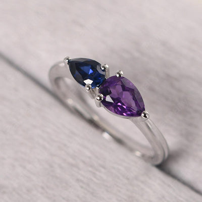 East West Pear Shaped Amethyst And Sapphire Two Stone Ring - Palmary