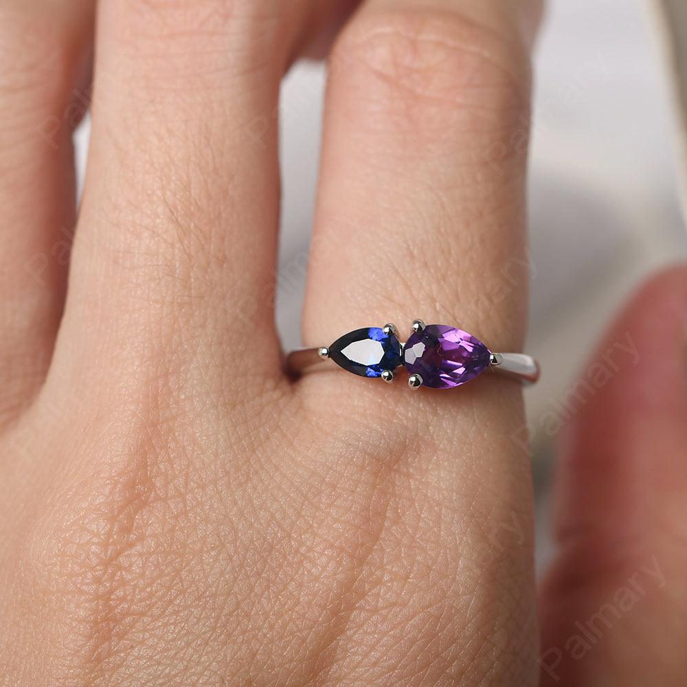 East West Pear Shaped Amethyst And Sapphire Two Stone Ring - Palmary