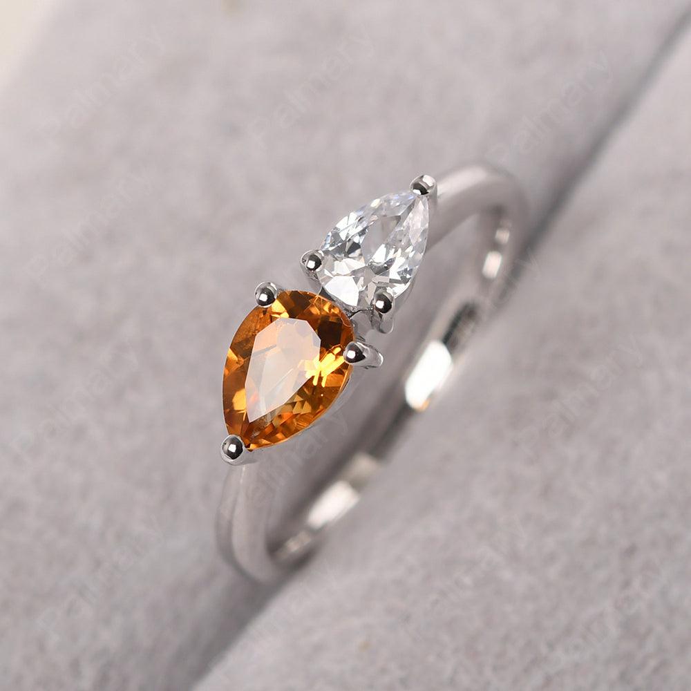 East West Pear Shaped Citrine And Cubic Zirconia Two Stone Ring - Palmary