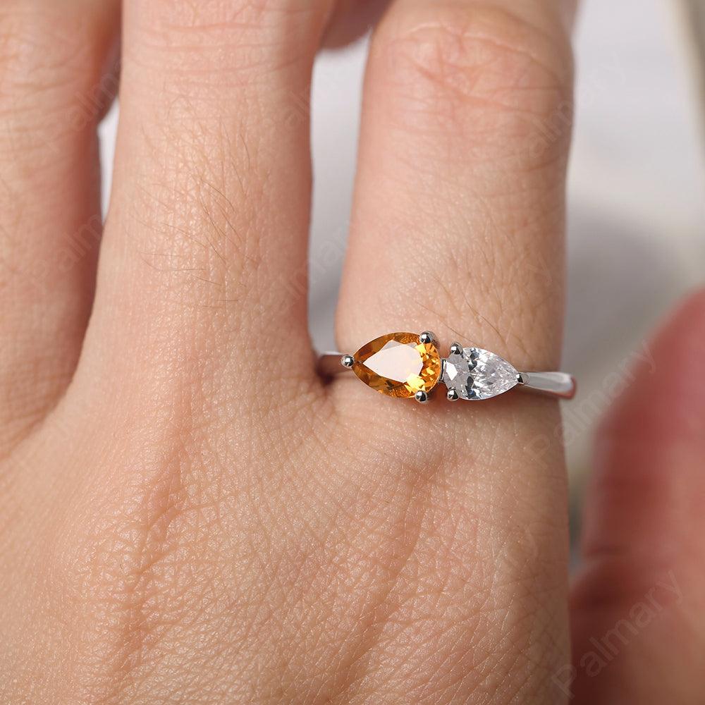 East West Pear Shaped Citrine And Cubic Zirconia Two Stone Ring - Palmary