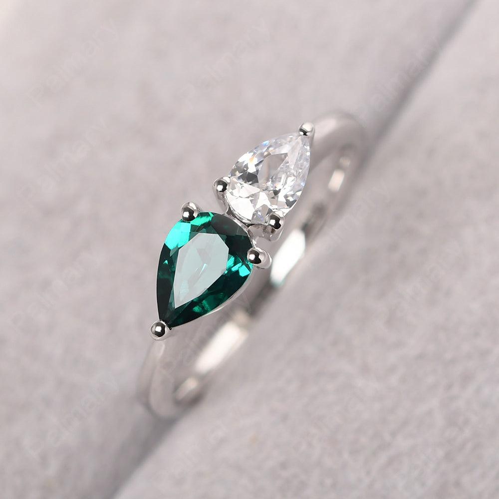 East West Pear Shaped Cubic Zirconia And Emerald Two Stone Ring - Palmary