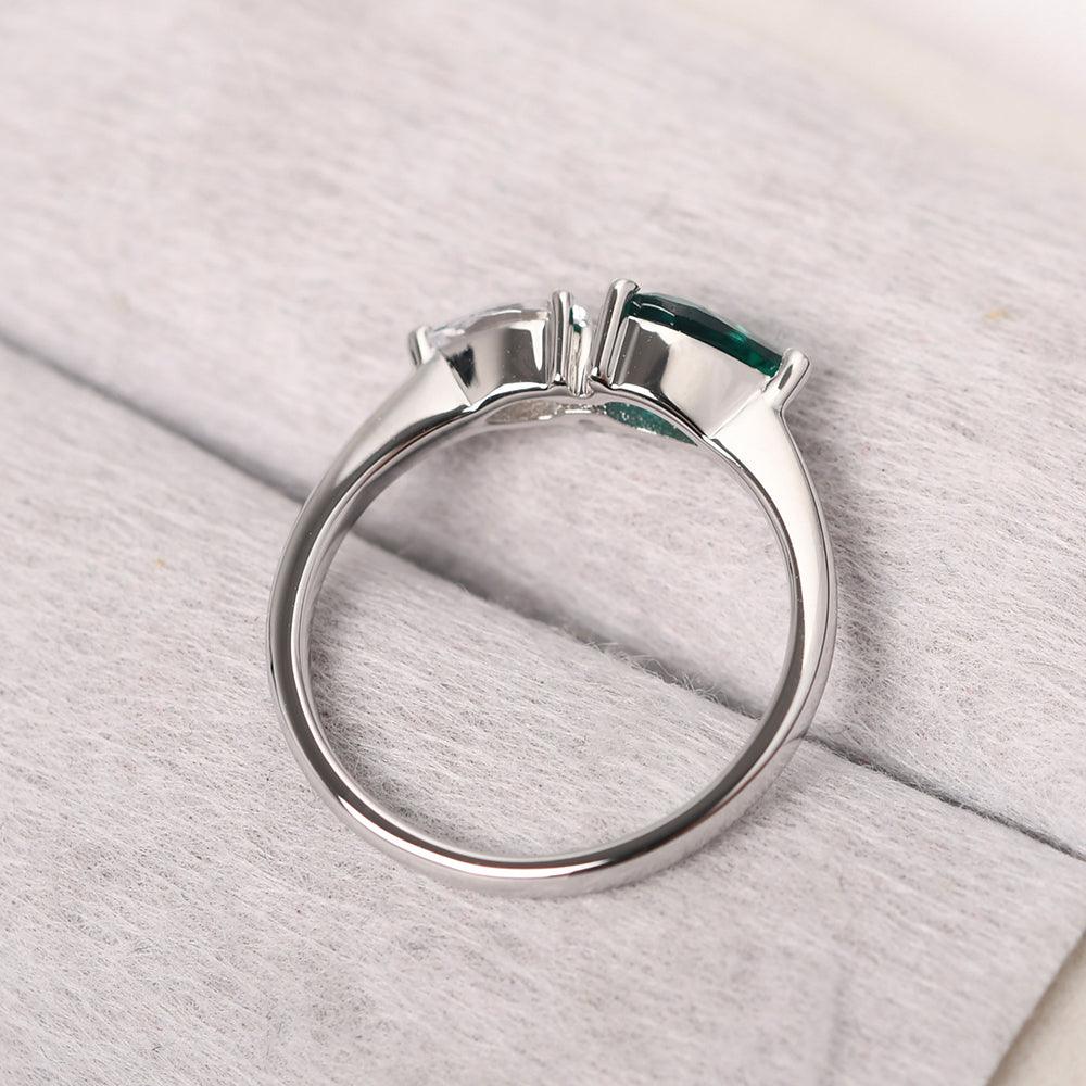 East West Pear Shaped Cubic Zirconia And Emerald Two Stone Ring - Palmary