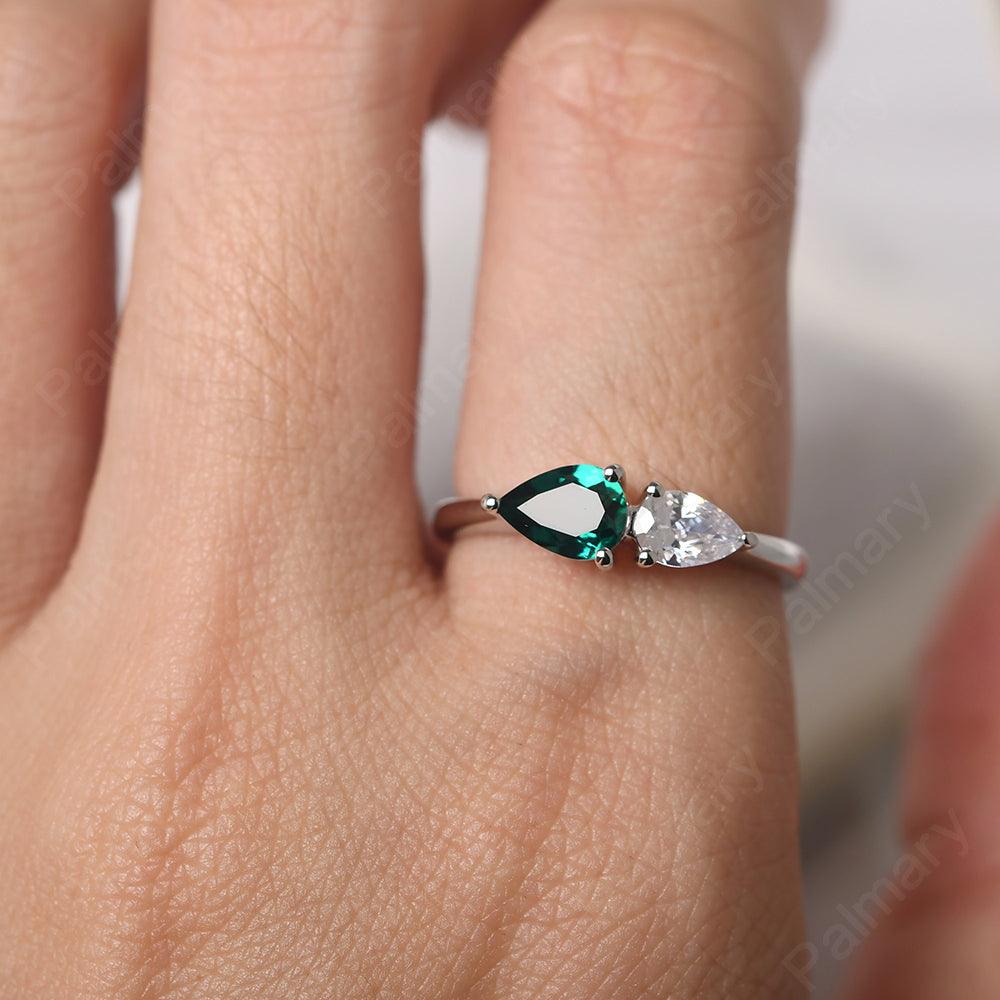 East West Pear Shaped Cubic Zirconia And Emerald Two Stone Ring - Palmary