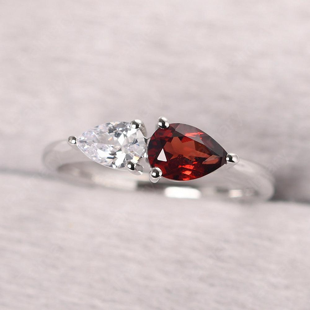 East West Pear Shaped Cubic Zirconia And Garnet Two Stone Ring - Palmary
